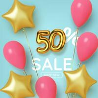 50 off discount promotion sale made of realistic 3d gold number with balloons and stars. Number in the form of golden balloons.  Vector