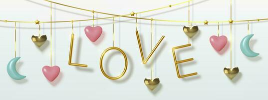 Valentines Day greeting card. Realistic 3d red and gold hearts, blue months, hanging on thread. Gold metalic text. Template for products, web banners and leaflets. Vector illustration