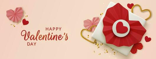 Valentines Day greeting card. Realistic 3d red paper hearts and gift on pink background. Love and wedding. Template for products, web banners and leaflets. Vector illustration