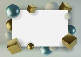 Realistic spheres and cubes. Abstract background of primitive geometric figures. Design element of 3d golden and blue ball and box. Vector illustration
