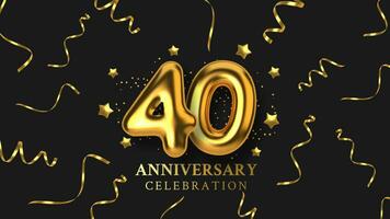 40th Anniversary celebration. Number in the form of golden balloons. Realistic 3d gold numbers and sparkling confetti, serpentine. Horizontal template for Birthday or wedding event. Vector