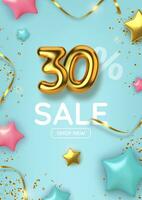 30 off discount promotion sale made of realistic 3d gold balloons with stars, sepantine and tinsel. Number in the form of golden balloons.  Vector
