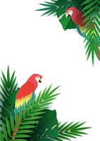 Hello summer, summertime. Background of tropical plants. Flat parrot macaw. Palm leaves, jungle leaf. The poster for sale and an advertizing sign.  Vector
