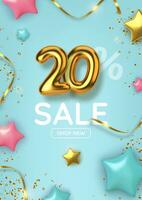 20 off discount promotion sale made of realistic 3d gold balloons with stars, sepantine and tinsel. Number in the form of golden balloons.  Vector