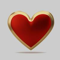 Realistic 3d gold and red heart. Happy Valentines Day greeting card. Love and wedding. Graphic element for design. Vector illustration