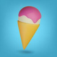 Ice cream in a cone, watered with pink glaze. On blue background. 3D Rendering. Vector illustration