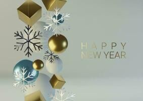 Realistic spheres and cubes. Abstract background of primitive geometric figures. Realistic 3d illustration of shimmering metallic snowflake. Greeting card, invitation happy New year and Christmas. vector