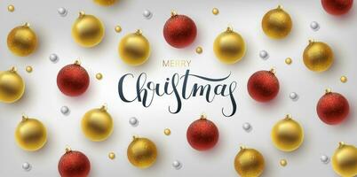 Christmas greeting card, vector background.Gold and red Christmas ball. Hand drawn lettering. Vector illustration