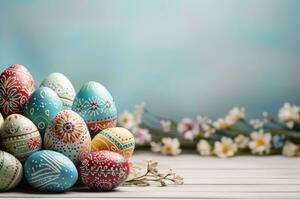 Easter eggs and flowers. Template for card, invitation, banner. AI-generated content. photo