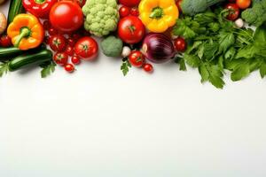 Healthy food vegetarian food background. Frame of fresh vegetables and on white background. AI-generated content photo