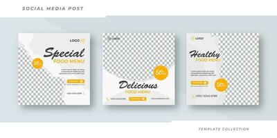 Food menu restaurant social media post design marketing web banner template design. Pizza, burger and healthy food business online promotion flyer with abstract background, Pro Vector