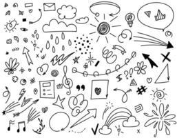 Sketch underline, doodle elements, accent, arrow shapes set, nature. Hand drawn brush stroke, highlight, underline, shine element. Vector illustration.