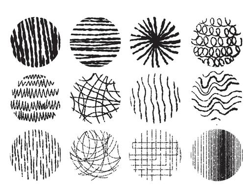 Set of texture doodle lines in the shape of circles. Collection of decorative children's patterns. Brush drawing Abstract shapes in children's style.