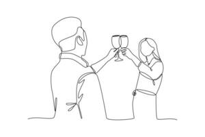 One continuous line drawing of Happy people clinking glasses and drinking at celebratory party. Friends concept. Doodle vector illustration in simple linear style.