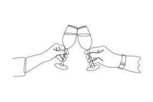 One continuous line drawing of Happy people clinking glasses and drinking at celebratory party. Friends concept. Doodle vector illustration in simple linear style.