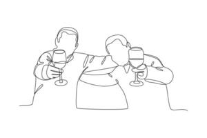 One continuous line drawing of Happy people clinking glasses and drinking at celebratory party. Friends concept. Doodle vector illustration in simple linear style.