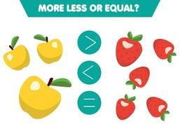 More, less or equal apple and strawberry. Educational math game for children. Book vector