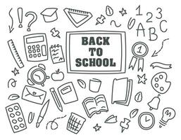 Doodle illustration back to school, black line, transparent background, pattern, alarm clock, school subjects, vector graphics, school