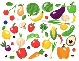 Collection of colorful hand drawn fresh tasty vegetables and fruits isolated on white background. Set of healthy and delicious vegan products, organics, flat cartoon vector illustration.