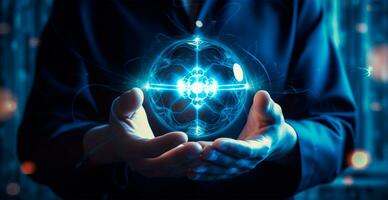 Abstract bright sphere of the world in hands, concept of the future - AI generated image photo