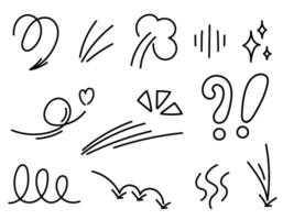 Set of line motion elements, emotional effect design icon. Hand drawn doodle line element arrow, accent, wind, shine. Vector illustration.