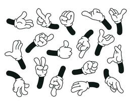 Set of cartoon hands. Hands in gloves showing simple emotions and gestures. Collection of clipart expressions. Vector limbs, palms and fists