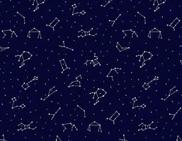 pattern of zodiac signs in the sky on a blue background, doodle style, space adventure, children's print. Vector graphics for packaging and testing design