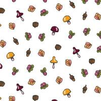 minimalistic pattern autumn mushrooms and leaves, berries, on a transparent background, seamless pattern, simple design drawn with a brush, Vector