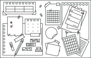 Set of line paper, sticky note, reminder, to-do list, sticky tape and pins. Bullet journal elements in doodle style. Vector illustration on white background