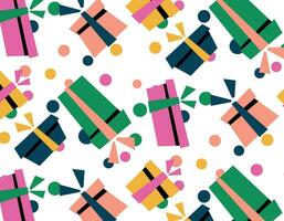 Seamless pattern with Christmas gift boxes in flat style, colored silhouettes with a bow and confetti on a transparent background. Wrapping paper for kids, simple design vector