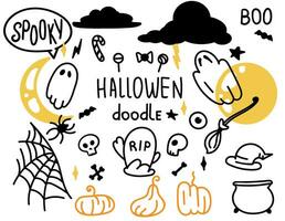 Set of Halloween doodle illustrations on a transparent background, merge line. Holiday elements ghost, sky, stars, cobweb, pumpkin, moon, text, candy, spider, bat. Vector