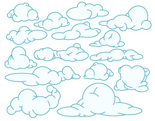Set of white clouds with a blue line on a transparent background vector graphics, design elements for packaging and textile design, nature elements