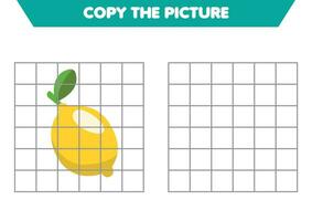 Copy the picture of the cartoon lemon Educational game for children. Handwriting practice. vector