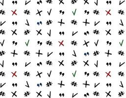 Seamless pattern of doodle signs, illustrative elements, checkmark, cross, quotation marks. Math pattern, minimalism, vector