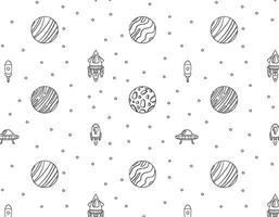 pattern of planets and space rockets on a transparent background, doodle style, space adventure, children's print. Vector graphics for packaging and testing design