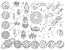 Set of space, star elements, adventures in space, transport, vector set for children, doodle illustrations, coloring book. Drawing with a brush