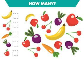 Calculation for children, how many vegetables, book thinking game Math tuning Worksheet for preschoolers. vector