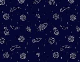 pattern of planets and rockets into space on a blue background, doodle style, space adventure, children's print. Vector graphics for packaging and testing design