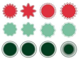 Set of vector stars, sunburst icons with outline. Colored on white. Simple vintage flat style labels, stickers. Design elements. Collection of different types of icons.