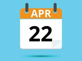 22 April. Flat icon calendar isolated on blue background. Vector illustration.