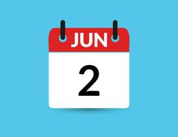 June 2. Flat icon calendar isolated on blue background. Date and month vector illustration