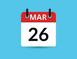 March 26. Flat icon calendar isolated on blue background. Date and month vector illustration