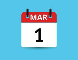 March 1. Flat icon calendar isolated on blue background. Date and month vector illustration