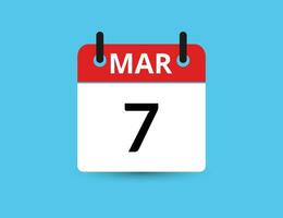 March 7. Flat icon calendar isolated on blue background. Date and month vector illustration