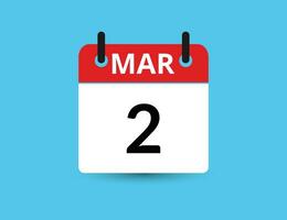 March 2. Flat icon calendar isolated on blue background. Date and month vector illustration