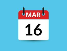 March 16. Flat icon calendar isolated on blue background. Date and month vector illustration