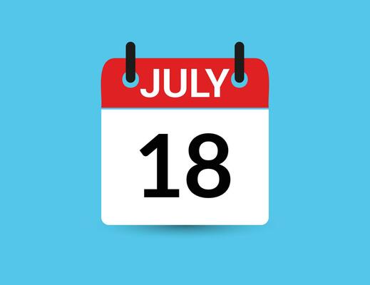 July 18. Flat icon calendar isolated on blue background. Date and ...