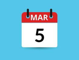 March 5. Flat icon calendar isolated on blue background. Date and month vector illustration