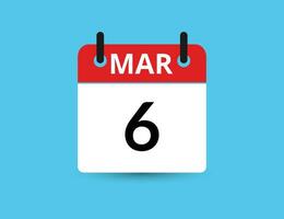 March 6. Flat icon calendar isolated on blue background. Date and month vector illustration