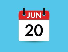 June 20. Flat icon calendar isolated on blue background. Date and month vector illustration